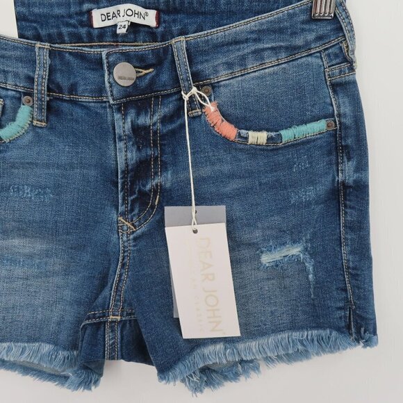 Dear John Women 24 Bloomfield Embroidered Distressed Hem Denim Jean Shorts NEW - Picture 3 of 11